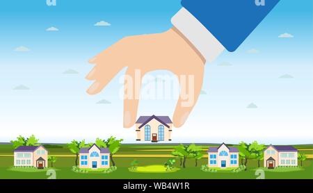 Vector of a hand picking up a house. Property for sale, real estate concept Stock Vector