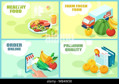 Vector templates for healthy food diet, farm fresh fruits and vegetables, online app order and quality control Stock Vector