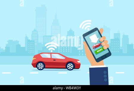 Car sharing and online rent concept. Vector of a man hand with a smartphone using mobile auto rental app Stock Vector