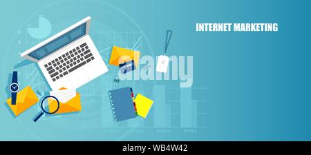 Internet marketing. Vector of a workplace of a freelancer conducting socila media research Stock Vector