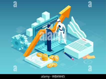 Vector of a businessman and a robot shaking hands standing on computer. Concept of data analytics and key performance indicators in intelligent busine Stock Vector