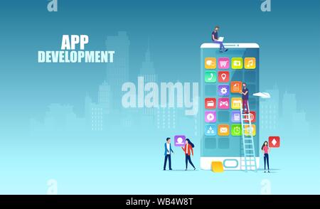 Mobile app development concept. Vector of Independent software professionals developing new apps for mobile devices Stock Vector