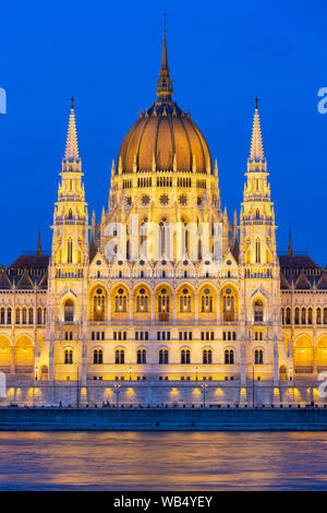 Parliament Building along river Danube at night Stock Photo