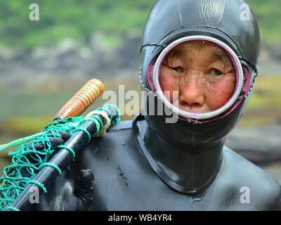 Exhausted South Korean free-diving grandmother (haenyeo) wears an old-fashioned diving mask and a worn rubber dry suit with hood. Stock Photo