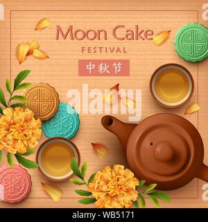 Mid autumn festival design. Teapot, tea cups, flowers and moon cakes. Top view vector illustration Stock Vector