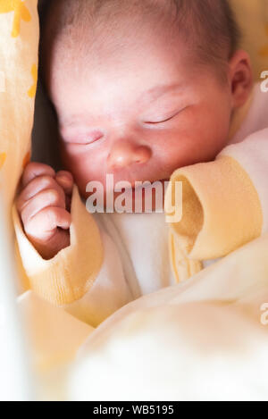 Sleeping newborn baby. Cute little girl one day old. Adorable lying on side covered with blanket. Stock Photo
