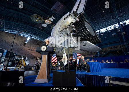 Chantilly, United States Of America. 20th Aug, 2019. Vice President Mike Pence delivers remarks at the 6th meeting of the National Space Council Tuesday, Aug. 20, 2019, at the Steven F. Udvar-Hazy Center Smithsonian National Air and Space Museum in Chantilly, Va People: Vice President Mike Pence Credit: Storms Media Group/Alamy Live News Stock Photo