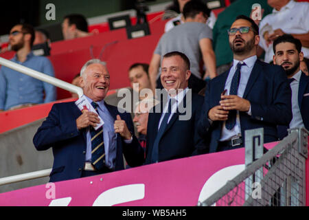 Stoke On Trent, UK. 24th Aug, 2019. Eddie Gray (L) Angus Kinnear (C) & Victor Orta (R) of Leeds United in the stands at the Bet365 Stadium. EFL Skybet championship match, Stoke City v Leeds United at the Bet365 stadium in Stoke on Trent on Saturday 24th August 2019. this image may only be used for Editorial purposes. Editorial use only, license required for commercial use. No use in betting, games or a single club/league/player publications. pic by Lewis Mitchell/Andrew Orchard sports photography/Alamy Live news Credit: Andrew Orchard sports photography/Alamy Live News Stock Photo
