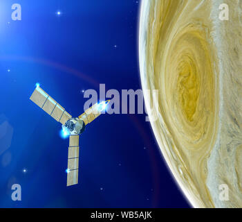 View of Jupiter and Juno, NASA space probe orbiting the planet. It is the largest planet in our solar system. Stock Photo