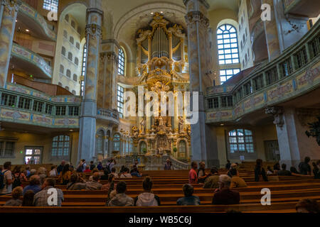 Dresden, Saxony, Germany., Frauenkirche. View of the altar with the famous Silbermann organ, which already was played by Johann Sebastian Bach in 1736 Stock Photo