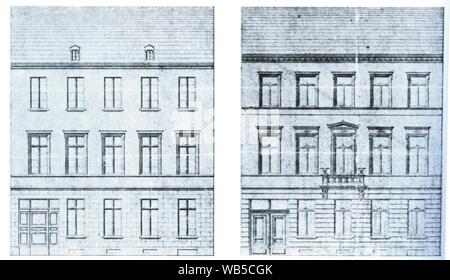 Düsseldorf, Schadowstraße 51, Frühklassizistische Fassade und Vorschlag von J. Krons zur Fassadenänderung. Stock Photo