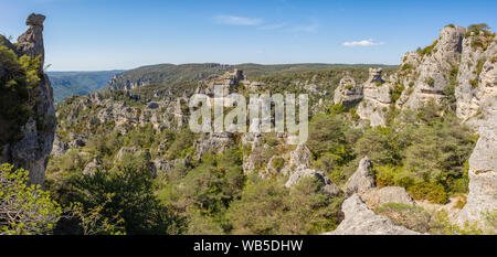 Early September and the late summer sunlight scorches the landscape at  theChaos de Montpellier-le-Vieux Stock Photo