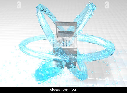 Front view of blue water jet with bubbles comes out of the interior of a laundry machine and turns 3 times around the washing machine on a white squar Stock Photo