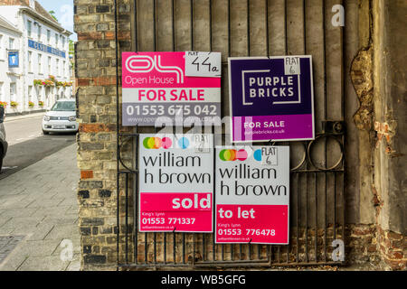 Estate Agent's boards for flats for sale in King's Lynn, Norfolk. Stock Photo