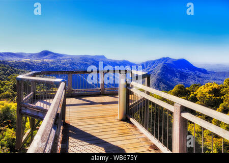 Empty viewing platform at the end of boardwalk in Dorrigo National park of Australia - ancien GOndwana continent rainforest and mountain ranges. Stock Photo