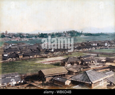 [ 1890s Japan - View on Osaka ] —   An extremely rare panoramic view of the area around Shitennoji Buddhist temple in Osaka. The five-storied pagoda of Shitennoji can be seen on the far left. Difficult to imagine, but the rural area in the front is now the electronic and pop culture center Den Den Town in Nipponbashi.  19th century vintage albumen photograph. Stock Photo