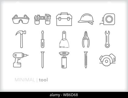 Set of 15 tool line icons for working in a wood workshop, construction industry or carpentry Stock Vector