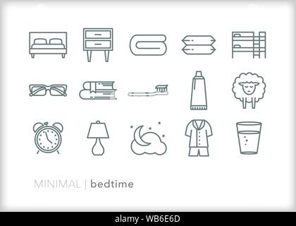 Set of 15 bedtime line icons for the routines people go through before going to bed for the night Stock Vector