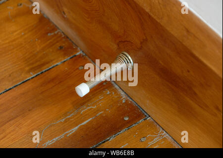 A brass coloured spring door stopper with a white end is mounted on a skirting board to stop the door handle hitting the wall Stock Photo