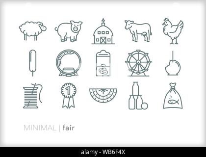 Set of 15 fair line icons for summer tradition of showing animals, agriculture and crafts Stock Vector