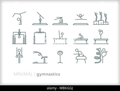 Set of 15 gymnastics line icons for sport, competition and practice Stock Vector
