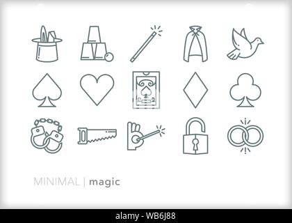 Set of 15 magic line icons for magicians putting on a performance of tricks for an audience Stock Vector