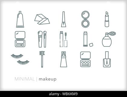 Set of 15 makeup line icons for faces, eyes and skin cosmetics in the beauty industry Stock Vector