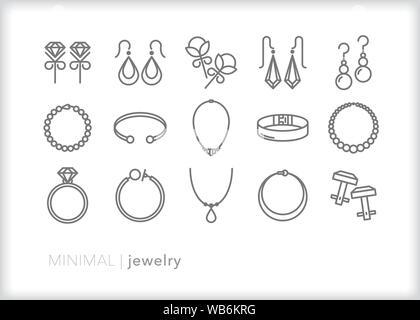 Set of 15 jewelry line icons of earrings, bracelets, rings and necklace accessories Stock Vector