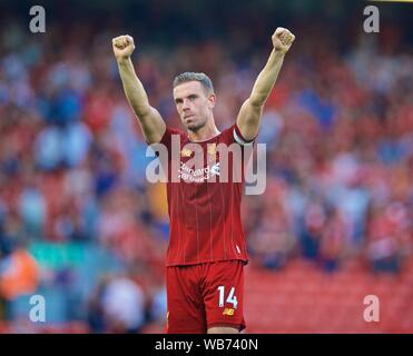 Liverpool. 25th Aug, 2019. Liverpool's captain Jordan Henderson celebrates after the English Premier League match between Liverpool FC and Arsenal FC at Anfield in Liverpool, Britain on Aug. 24, 2019. Credit: Xinhua/Alamy Live News Stock Photo