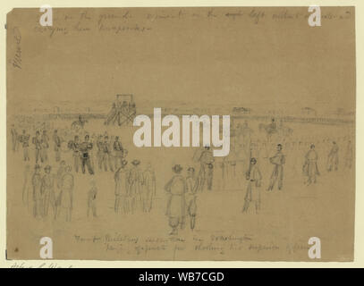 First military execution in Washington; hanging of a private for shooting his superior officer Abstract/medium: 1 drawing on tan paper : pencil ; 17.6 x 24.2 cm. (sheet) Stock Photo