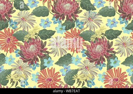 Art floral vector seamless pattern with asters and chrysanthemums. Stock Vector