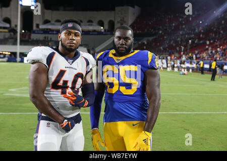 August 24, 2019 Los Angeles, CADenver Broncos linebacker Keishawn  Bierria #40 and Los Angeles Rams defensive tackle Boogie Roberts #65 after  during the NFL game between Denver Broncos vs Los Angeles Rams