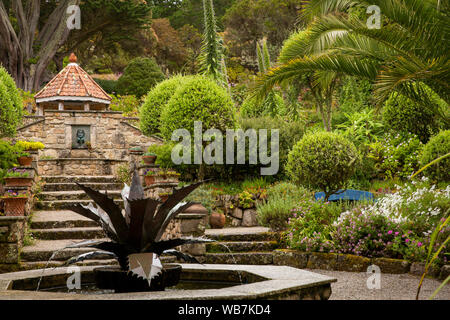 UK, England, Scilly Islands, Tresco, Abbey Gardens, Mediterranean Garden fountain and Shell House