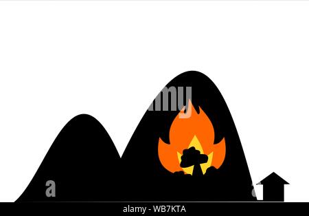 Wildfire on mountain with a house on white background, Orange color fire flame burning silhouette of tree on hill, Warning sign for natural disaster Stock Vector