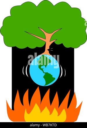 The tree is cut down, causing the planet to shake and will fall into the flame, The world is suffering from global warming Stock Vector