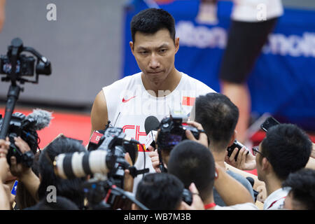 Wuhan, China's Hubei Province. 24th Aug, 2019. Chinese basketball player Yi Jianlian is interviewed during a training session in Wuhan, capital of central China's Hubei Province, Aug. 24, 2019. Credit: Xiao Yijiu/Xinhua/Alamy Live News Stock Photo
