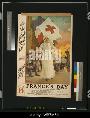 For the French Red Cross. Please help. July 14. France's day, in aid of the French Red Cross Abstract: Poster showing a Red Cross nurse with arms extended, as others tend to wounded soldiers, under the flags of France and the Red Cross. Stock Photo