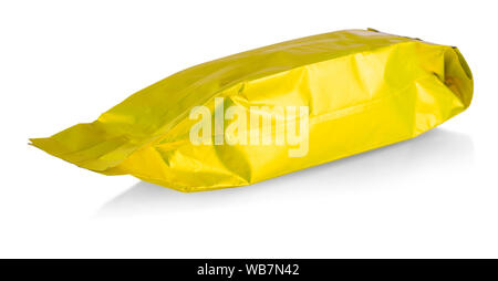 Blank golden foil plastic pouch food packaging isolated on white background. Stock Photo