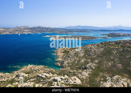 View from above, stunning aerial view of the Maddalena Archipelago National Park with some islands surrounded by a beautiful turquoise clear sea. Stock Photo