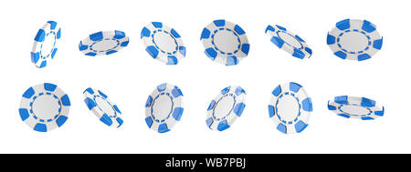 Modern Blue And White Casino Chips Rotation, Isolated On The White Background - 3D Illustration Stock Photo