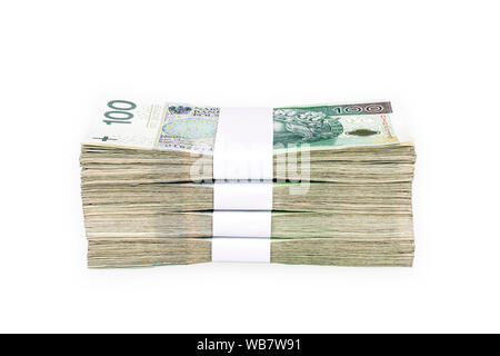 Bundles of polish 100 zloty banknotes. Isolated on white. Clipping Path included. Stock Photo