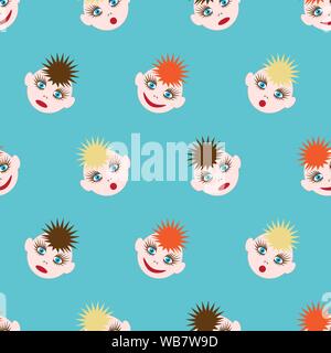 Seamless pattern with funny smileys. The image of colored hair of different colors and different emotions. Vector EPS10. Stock Vector