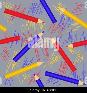 Seamless geometric pattern with colorful pencils in flat style. Vector EPS10. Clipping mask applied Stock Vector