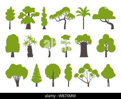 Big set of various trees. Tree icons set in a modern flat style. Pine, spruce, oak, birch, trunk, aspen, alder, poplar, chestnut, palm apple tree Vect Stock Vector
