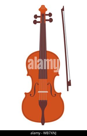 Simple flat style classic violin and bow, isolated on white. Realistic orchestra violin. Vintage musical instrument, vector illustration Stock Vector