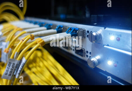 optic fiber cables connected to data center. Stock Photo