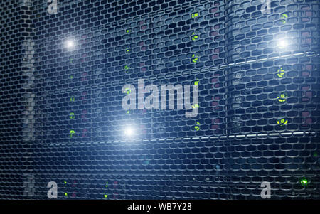 Row of hard drives mounted in a rack in a data center. SATA HDD DISK. Stock Photo