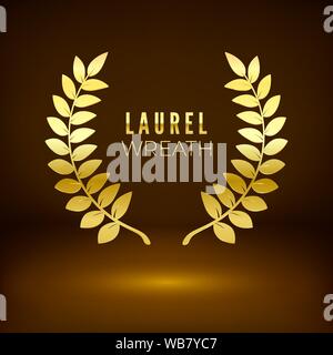 Golden shiny award sign. Laurel wreath on dark background. Vector illustration Stock Vector