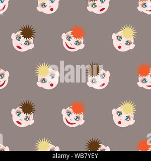 Seamless pattern with funny smileys. The image of colored hair of different colors and different emotions. Vector EPS10. Stock Vector