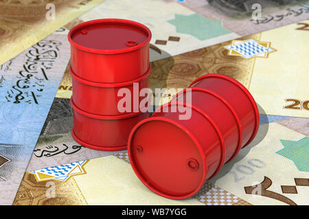 3d illustration: Red barrels of oil lie on background of Syrian pound banknotes, Syrian Arab Republic. Petroleum business, black gold, gasoline Stock Photo